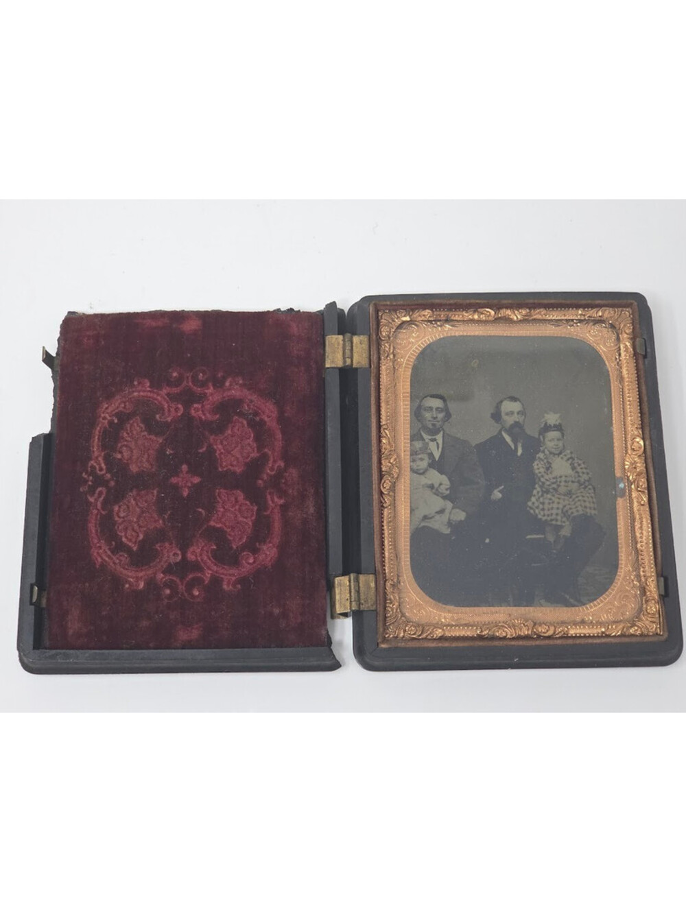 Antique Civil War Military Gutta Percha Case w/ Family Daguerreotype 2 Dads